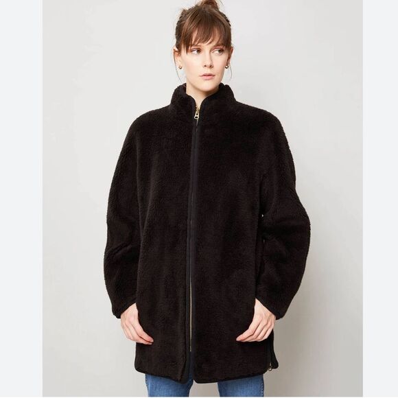 J. Crew Zip-up Plush Fleece Coat Black Sz XS Teddy Sherpa High Collar Jacket - Picture 2 of 9